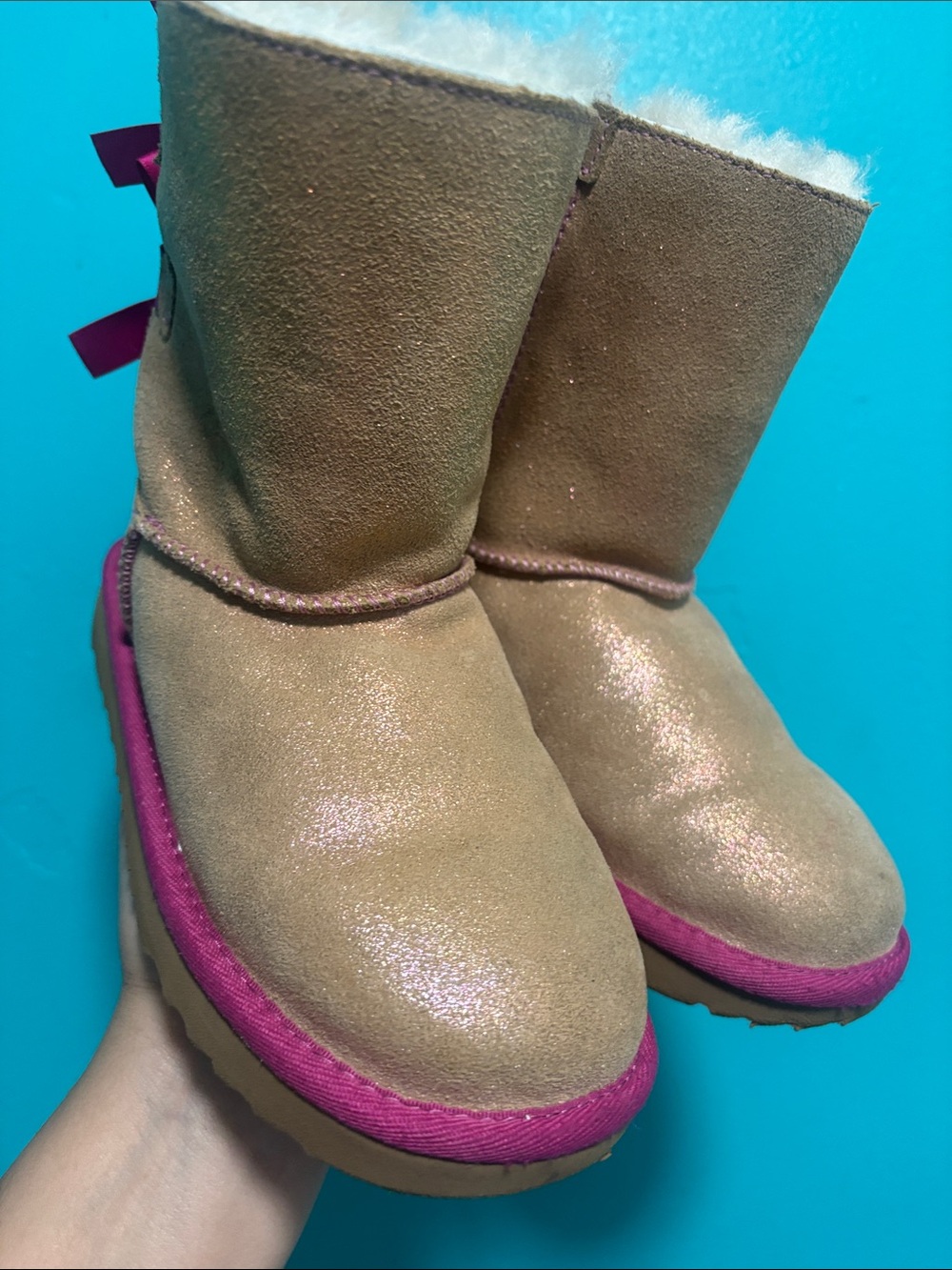 UGG Kids Tan Suede Boots with Pink Accents and Bows - Picture 6 of 8